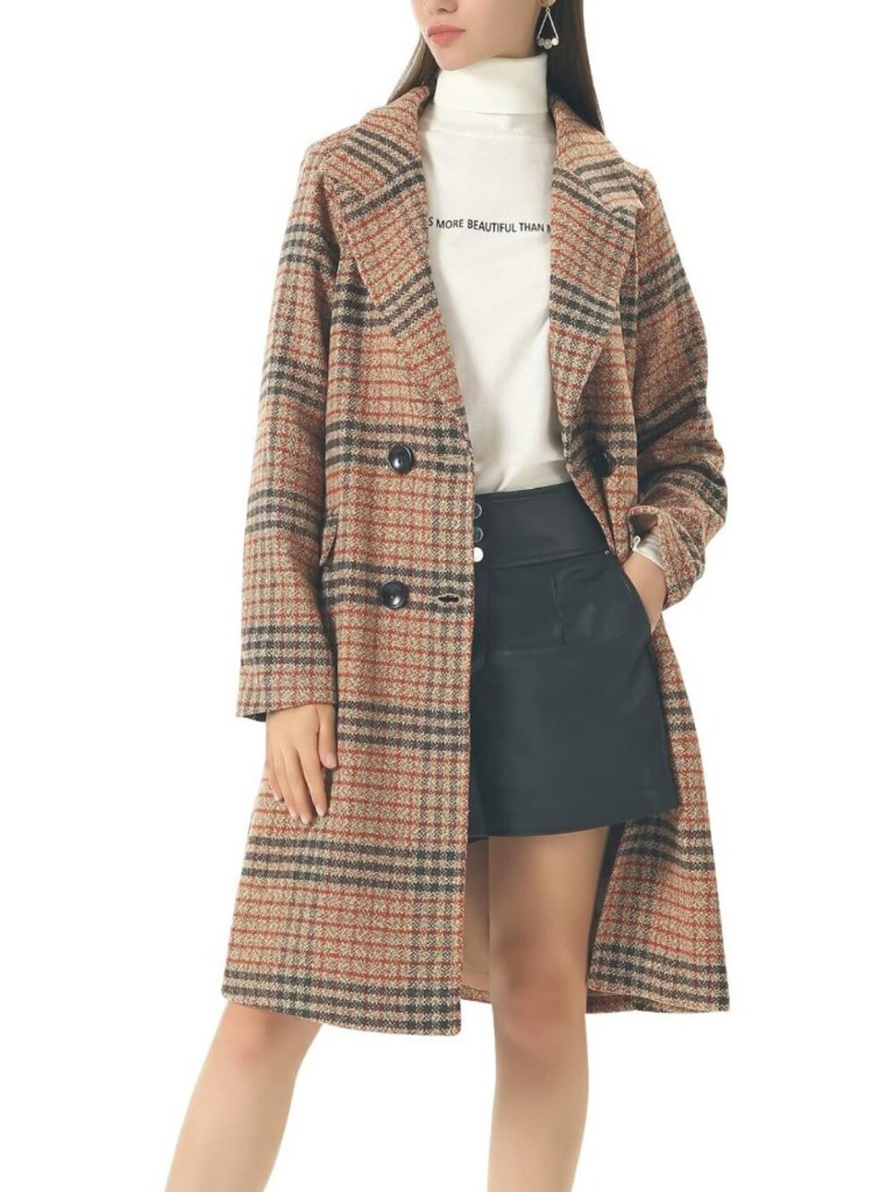 Chic Women's Plaid Wool Blend Long Trench Coat with Notched Collar & Double